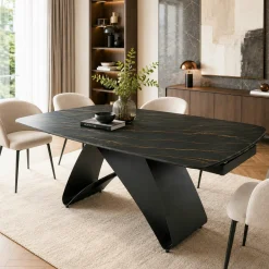 Table céramique extensible noire marbrée pied design 200-280 cm LORA