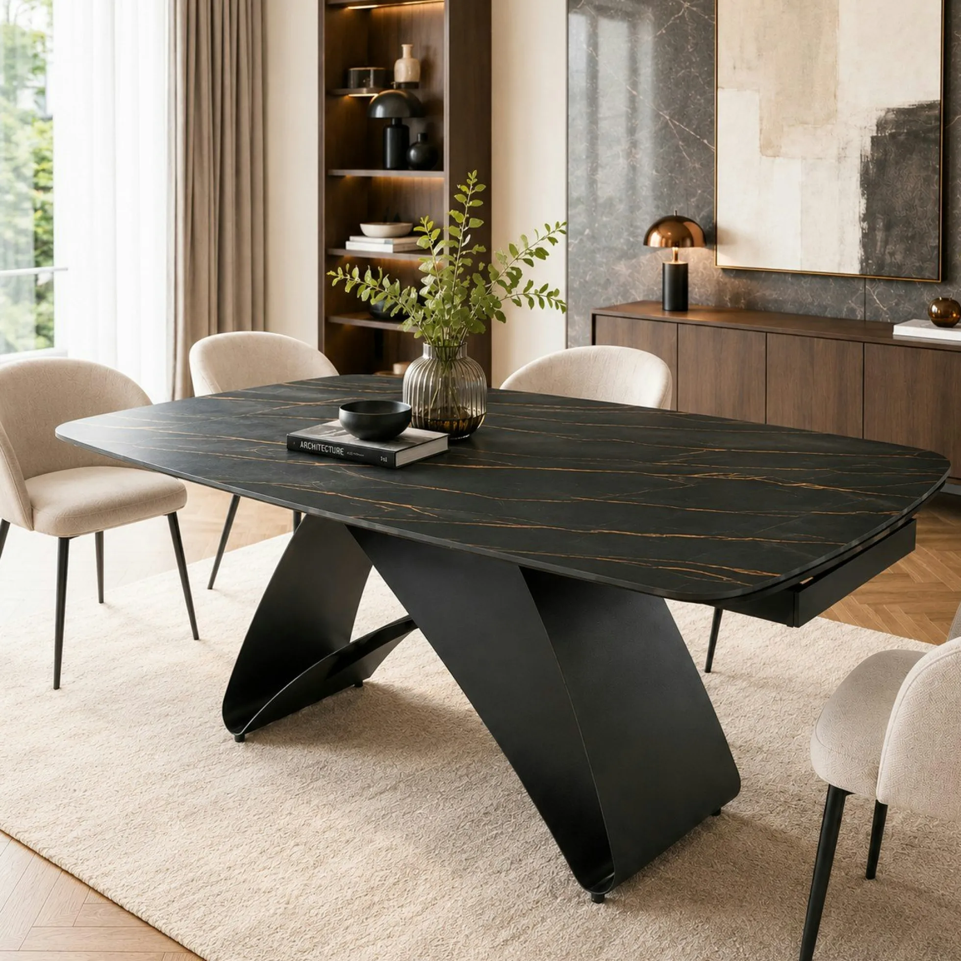 Table céramique extensible noire marbrée pied design 200-280 cm LORA