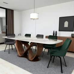 Table céramique marbrée pied ruban bois brun 220 cm ALDER
