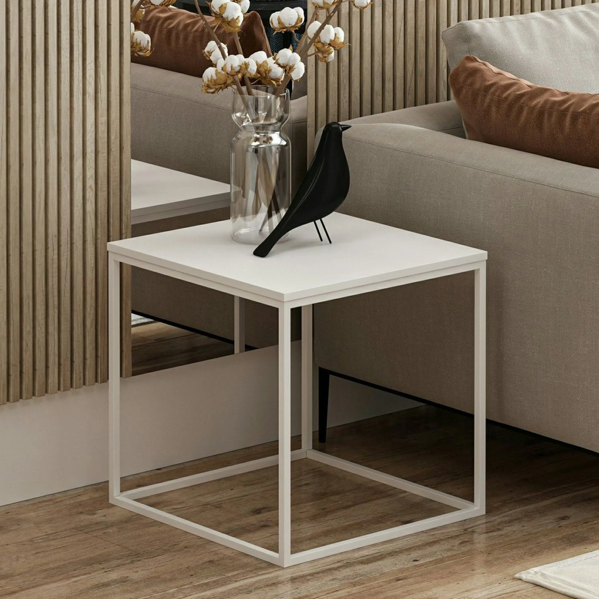Table d'appoint carrée blanche structure métal JENA