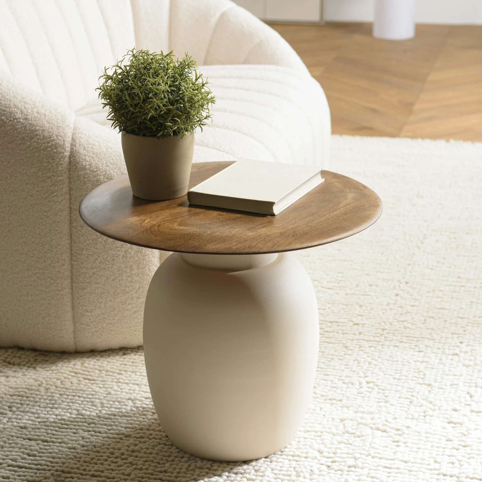 Table d'appoint 48 cm plateau en manguier pied ivoire TOSCA