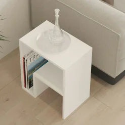 Table d'appoint design blanche, forme L avec rangement MARFA