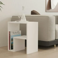 Table d'appoint design blanche, forme L avec rangement MARFA