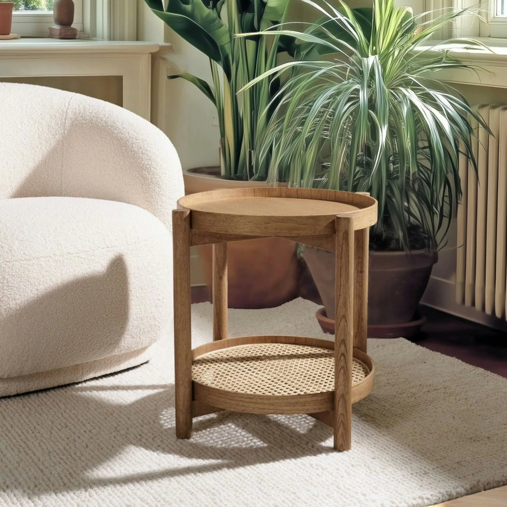 Table d'appoint en mindi 45.5cm avec tablette en rotin naturel TIVARO