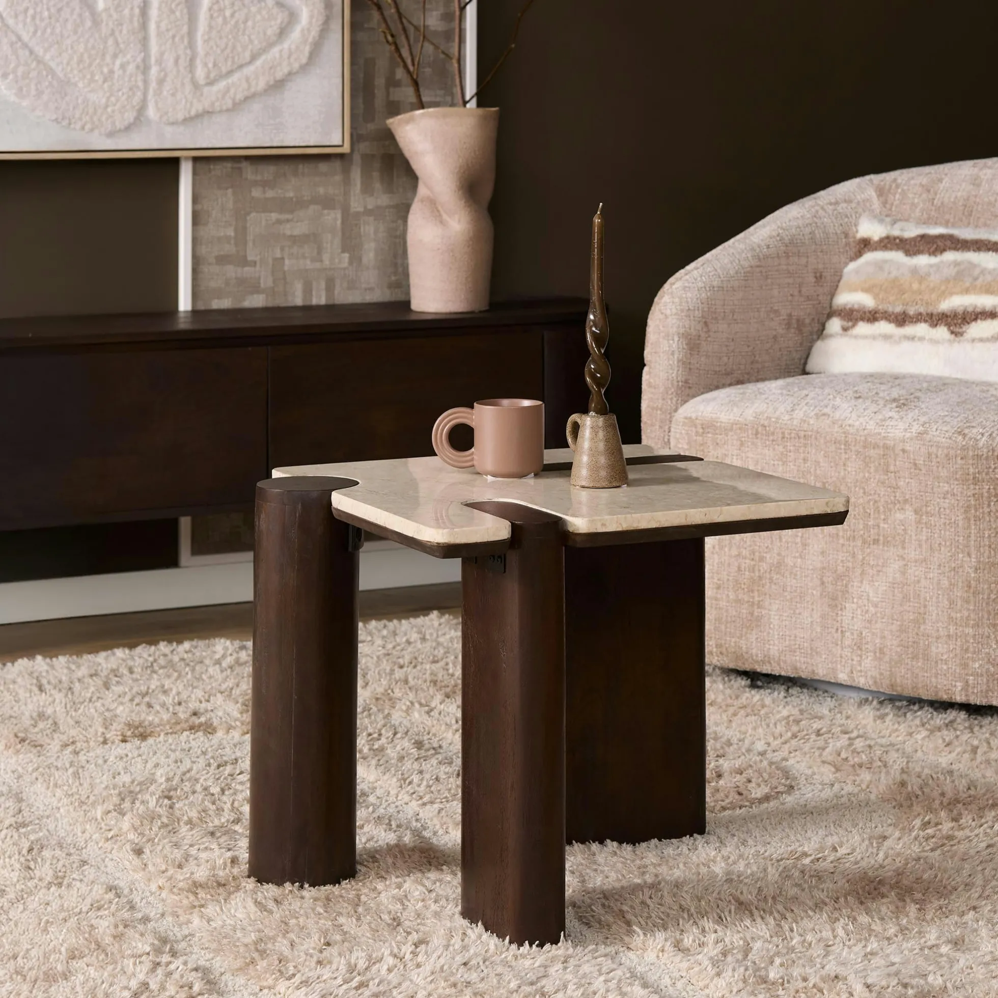 Table d'appoint marbre et bois style puzzle DUOMO
