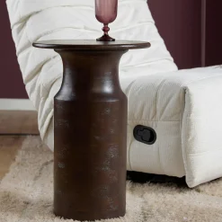 Table d'appoint ronde bois foncé pied colonne ALMA
