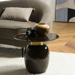 Table d'appoint ronde 50 cm en métal émaillé noir, col doré TOSCA
