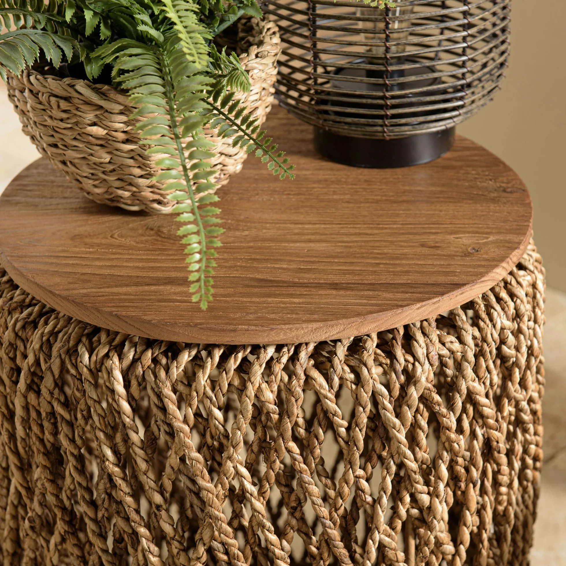 Table d'appoint ronde 38 cm fibre de coco et bois recyclé SWING