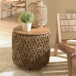 Table d'appoint ronde 49 cm fibre de coco et bois recyclé SWING