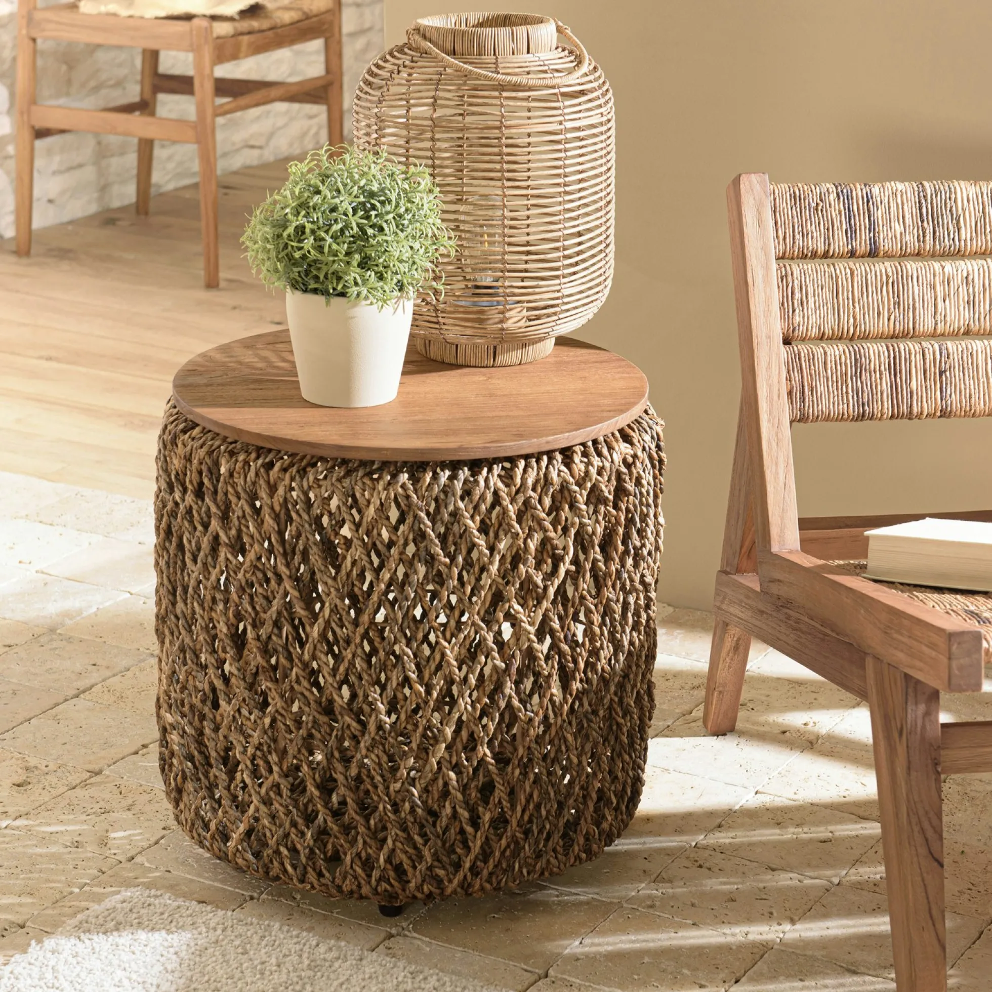 Table d'appoint ronde 49 cm fibre de coco et bois recyclé SWING