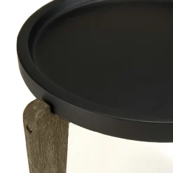 Table d'appoint ronde pour jardin béton noir mat et pieds bois HERCULE