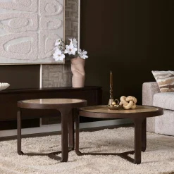 Table d'appoint travertin et bois 3 pieds Ø60 cm DUOMO