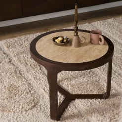 Table d'appoint travertin et bois 3 pieds Ø60 cm DUOMO