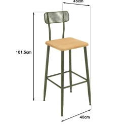 Table de bar + 2 chaises hautes pin et métal vert BAGAN