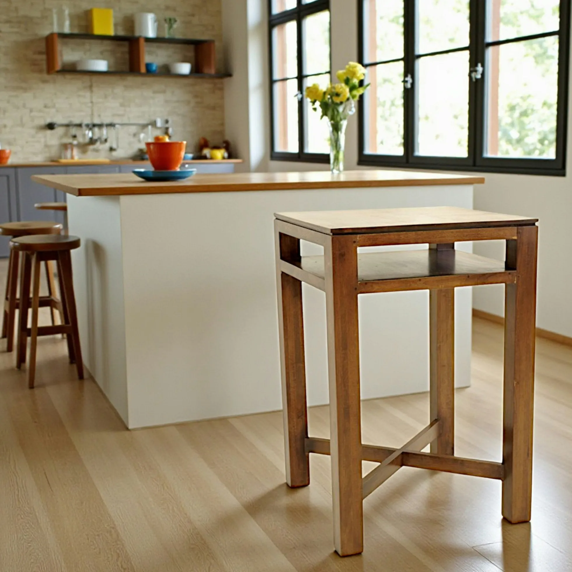 Table de bar Hévéa double plateaux, pieds en croix 70x70x105cm HELENA