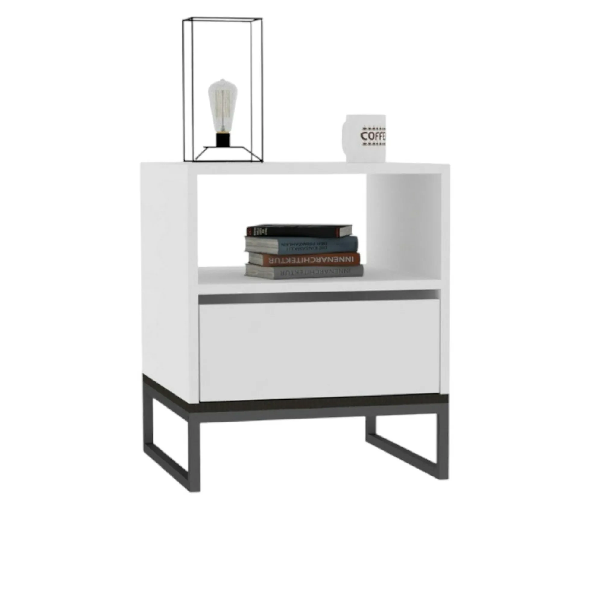 Table de chevet blanche moderne 1 tiroir 1 niche JENA