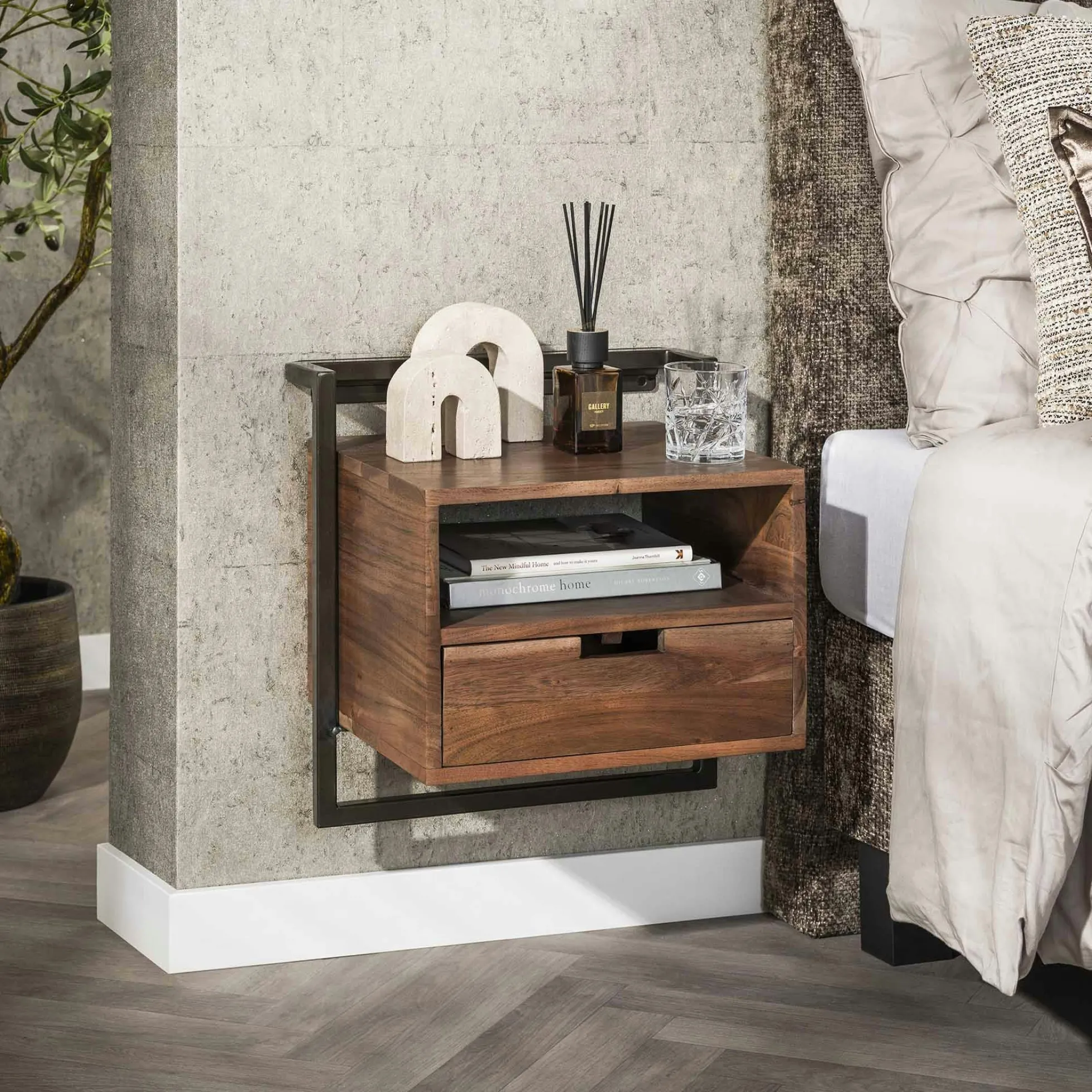 Table de chevet bois brun 1 niche 1 tiroir NAKO