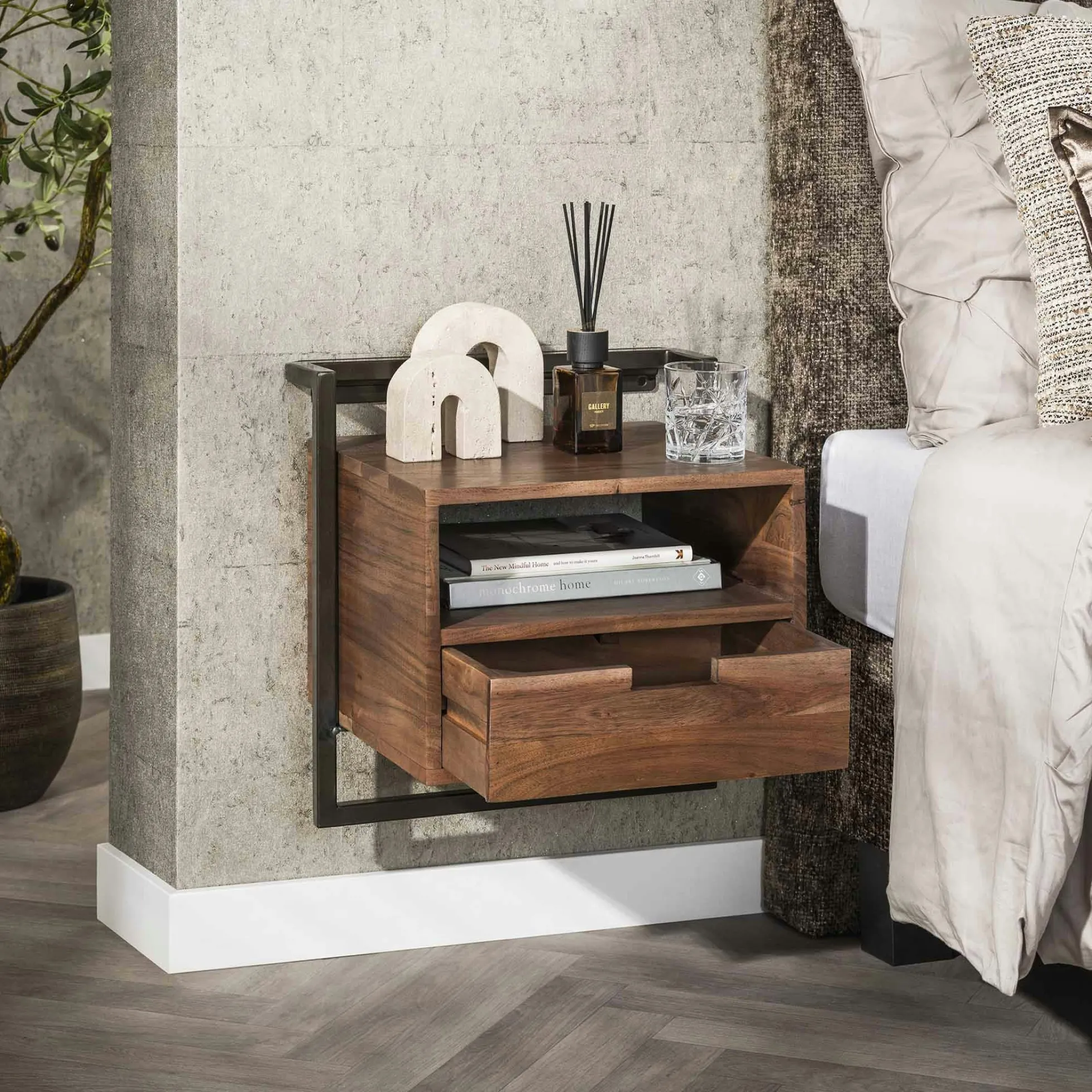 Table de chevet bois brun 1 niche 1 tiroir NAKO