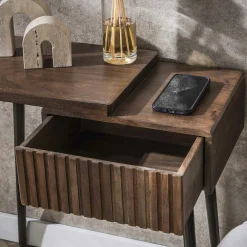 Table de chevet bois brun 2 plateaux & tiroir rainuré (G) NAKO