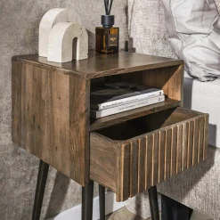 Table de chevet bois brun, tiroir rainuré & niche NAKO