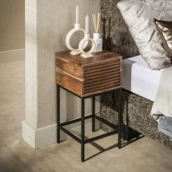 Table de chevet bois d'acacia 1 tiroir strié NAKO