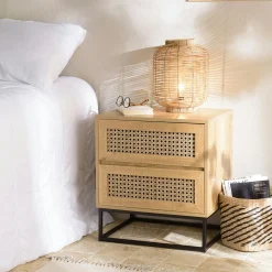 Table de chevet bois naturel 2 tiroirs cannage ALCUDIA