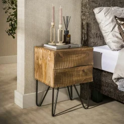 Table de chevet bois rainuré 2 tiroirs pieds épingle DELHI