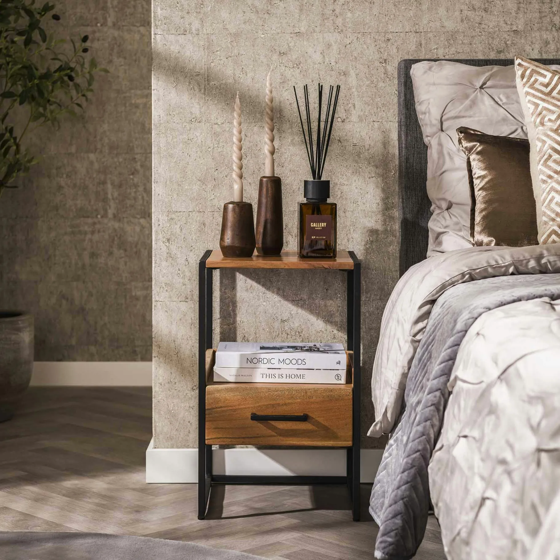 Table de chevet en bois d'acacia avec niche et tiroir MELBOURNE