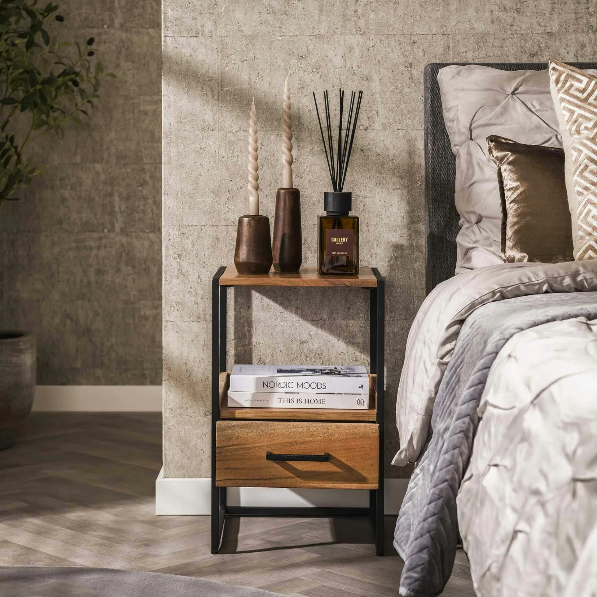 Table de chevet en bois d'acacia avec niche et tiroir MELBOURNE