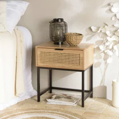 Table de chevet en bois 1 tiroir cannage rotin PALMA