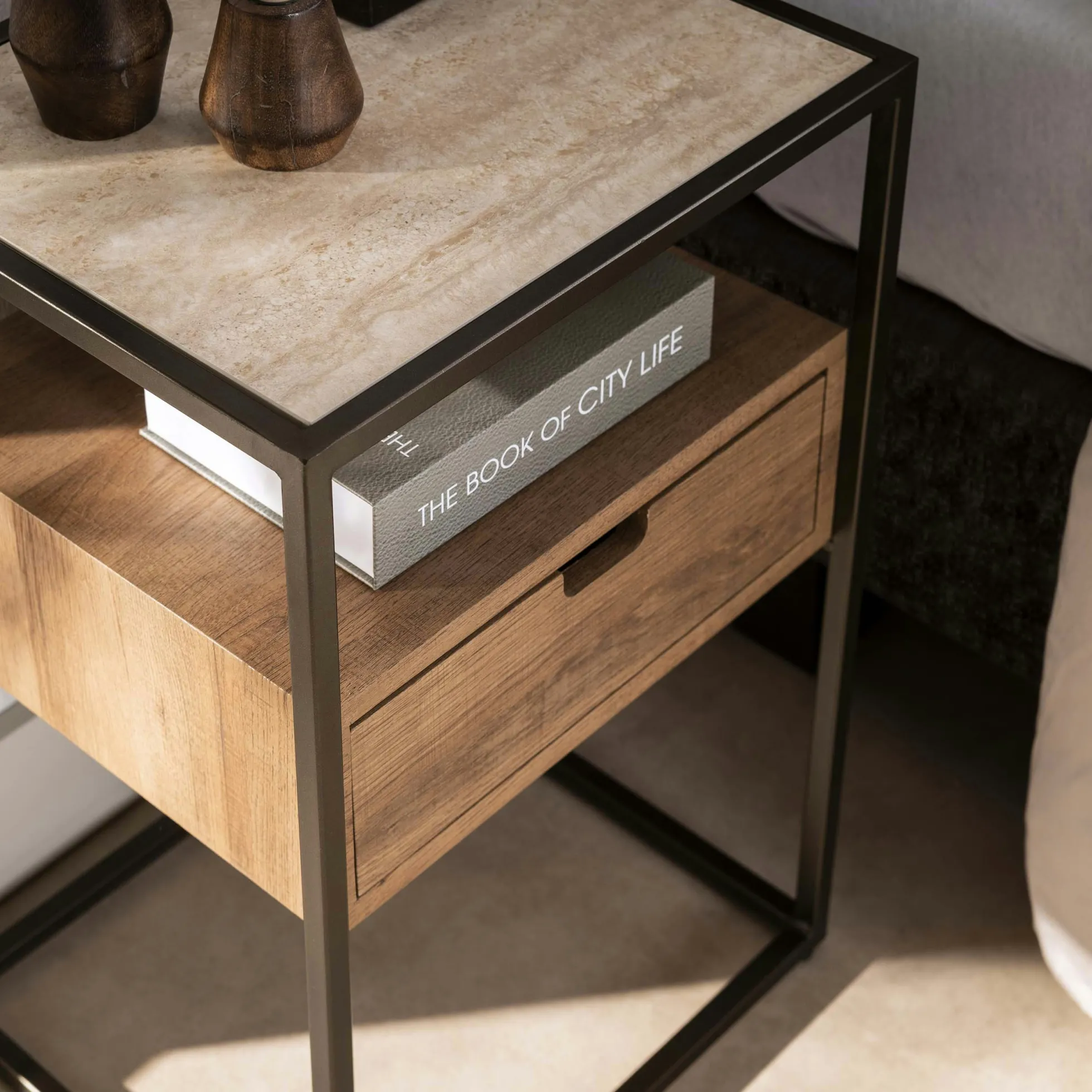Table de chevet moderne effet travertin 1 tiroir ASCOLI
