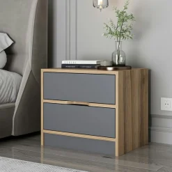 Table de chevet moderne 2 tiroirs décor bois et gris BYRON