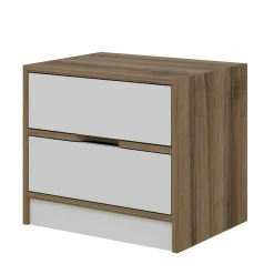 Table de chevet moderne 2 tiroirs décor bois et blanc BYRON