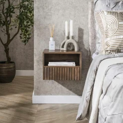Table de chevet murale bois brun, tiroir & niche NAKO