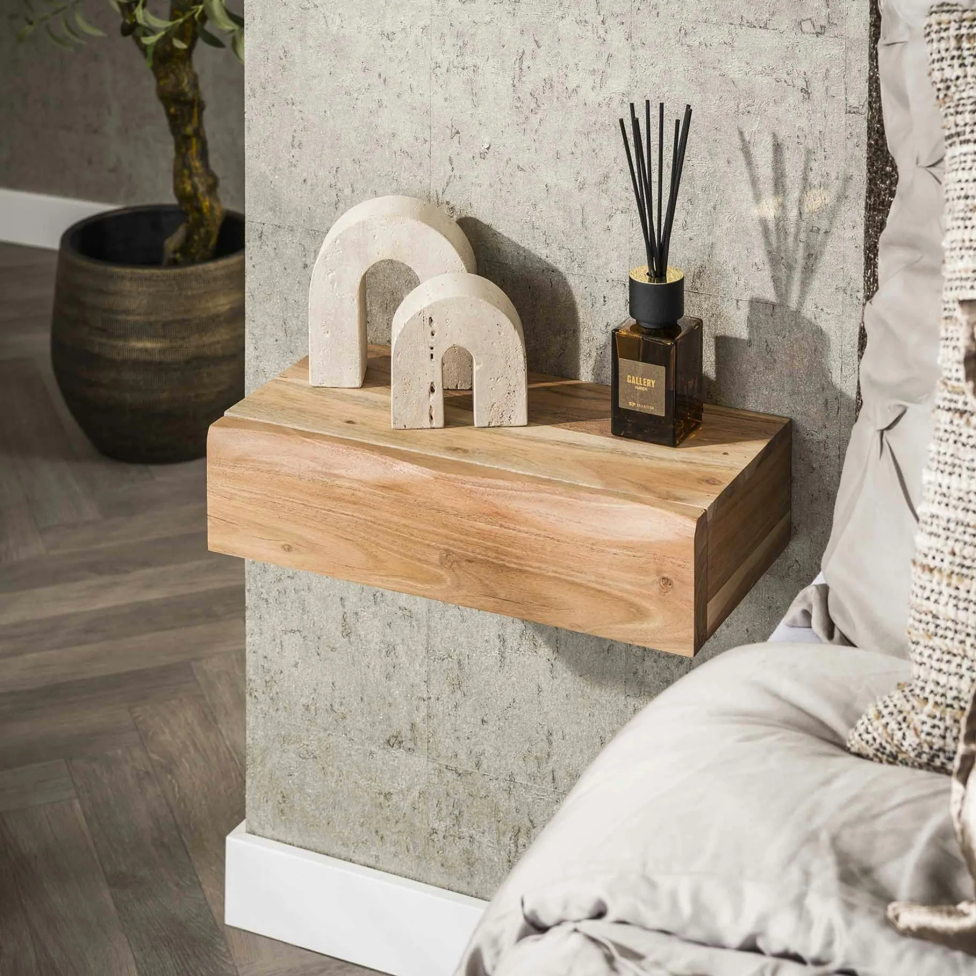 Table de chevet murale bois massif 1 tiroir (lot de 2) MELBOURNE