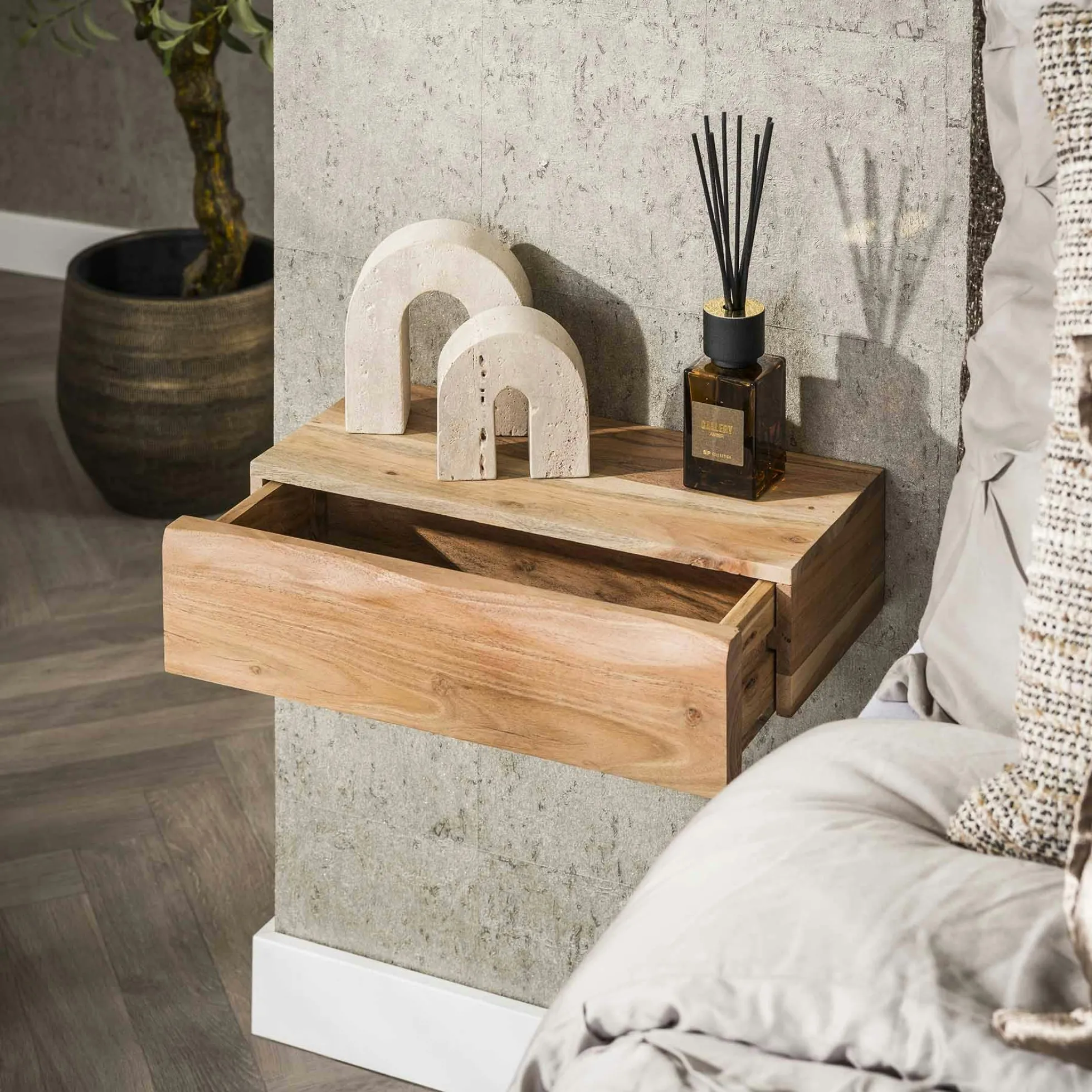 Table de chevet murale bois massif 1 tiroir (lot de 2) MELBOURNE