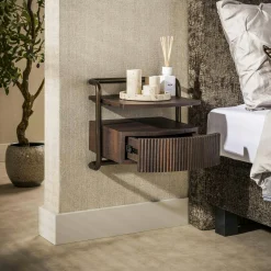Table de chevet suspendue 1 tiroir effet bois et métal bronze TERRA