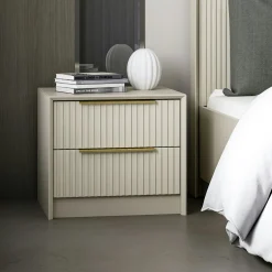 Table de chevet taupe 2 tiroirs rainurés, style moderne BYRON