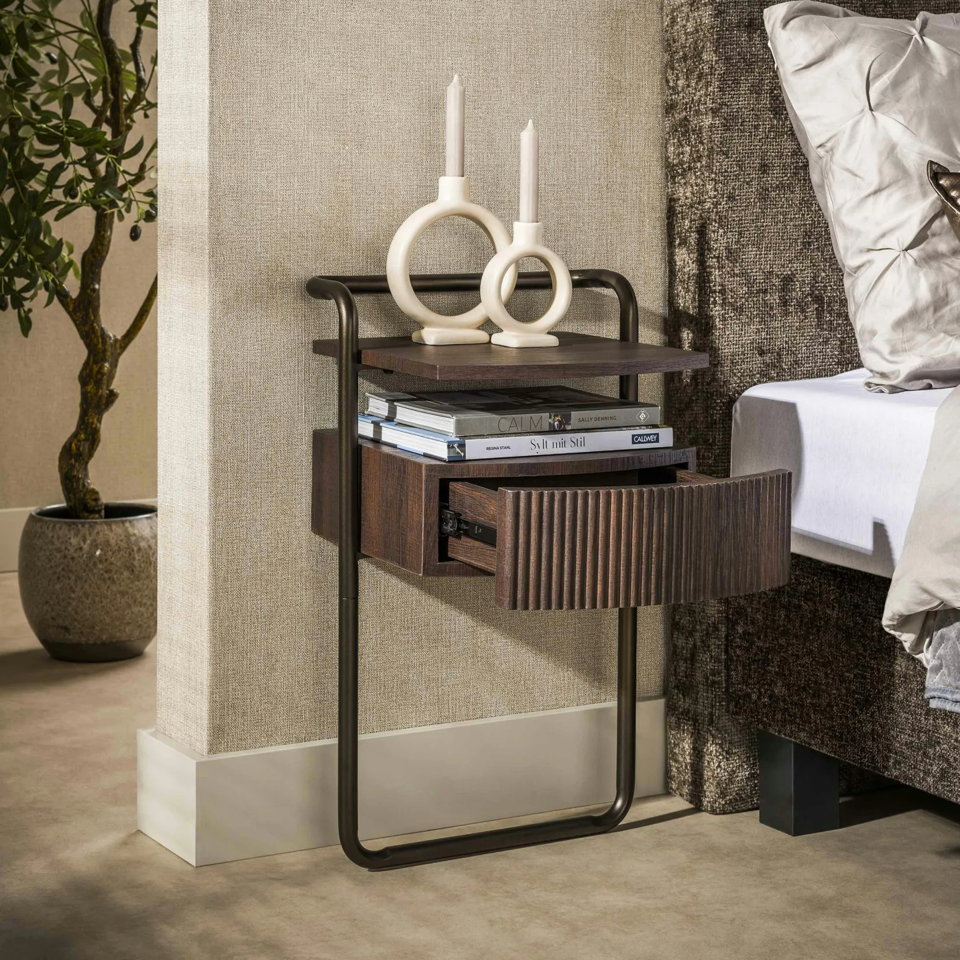 Table de chevet 1 tiroir effet bois et métal bronze TERRA
