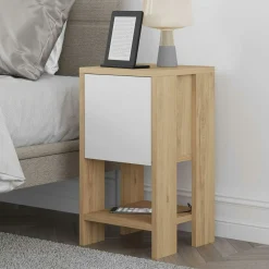 Table de chevet étroite décor bois porte blanche MARFA