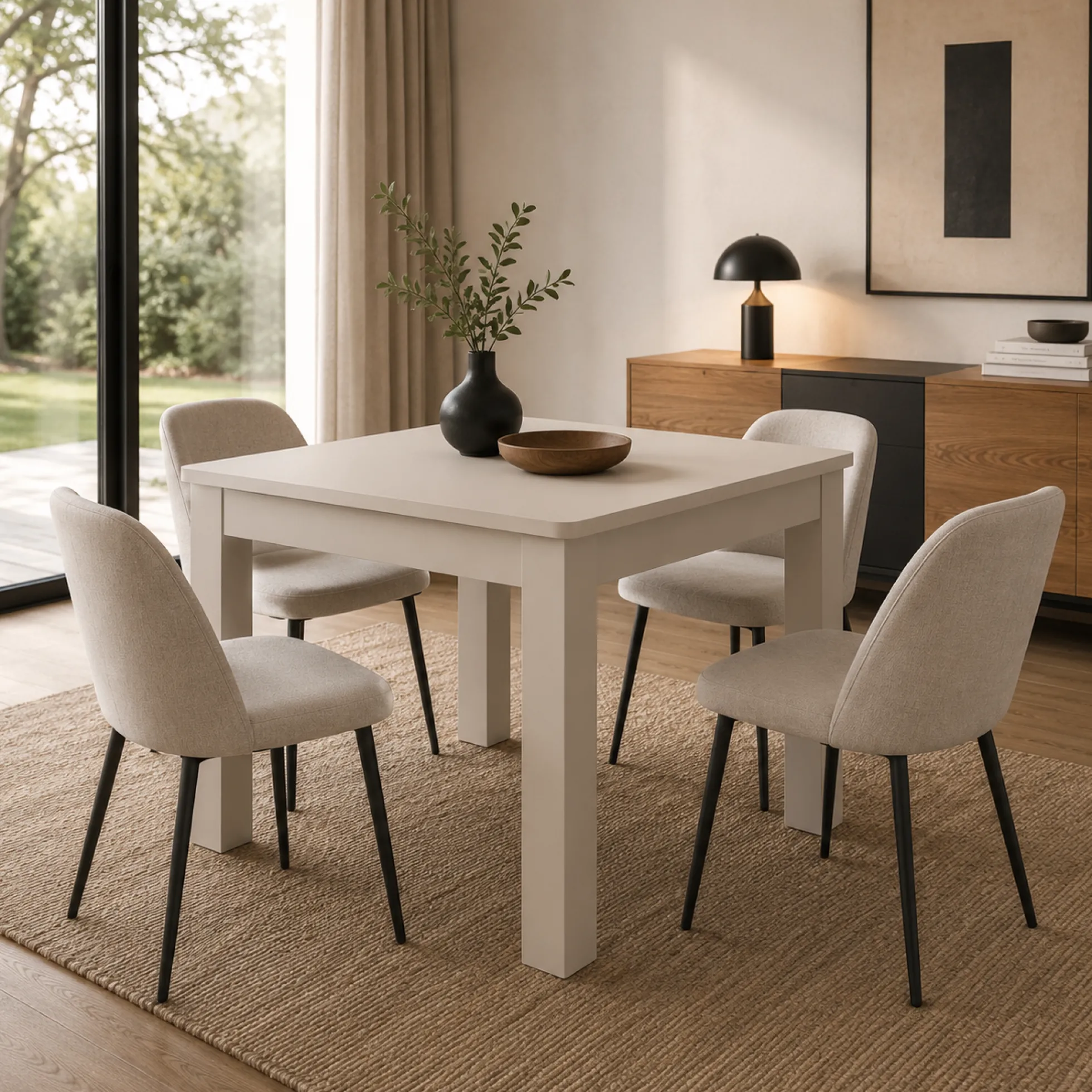 Table de cuisine carrée beige avec tiroir à couverts ALVA
