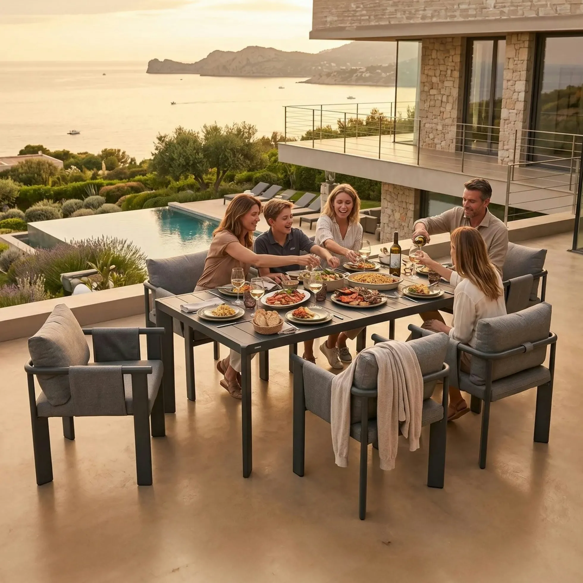 Table de jardin en aluminium + 6 fauteuils anthracite LIGO