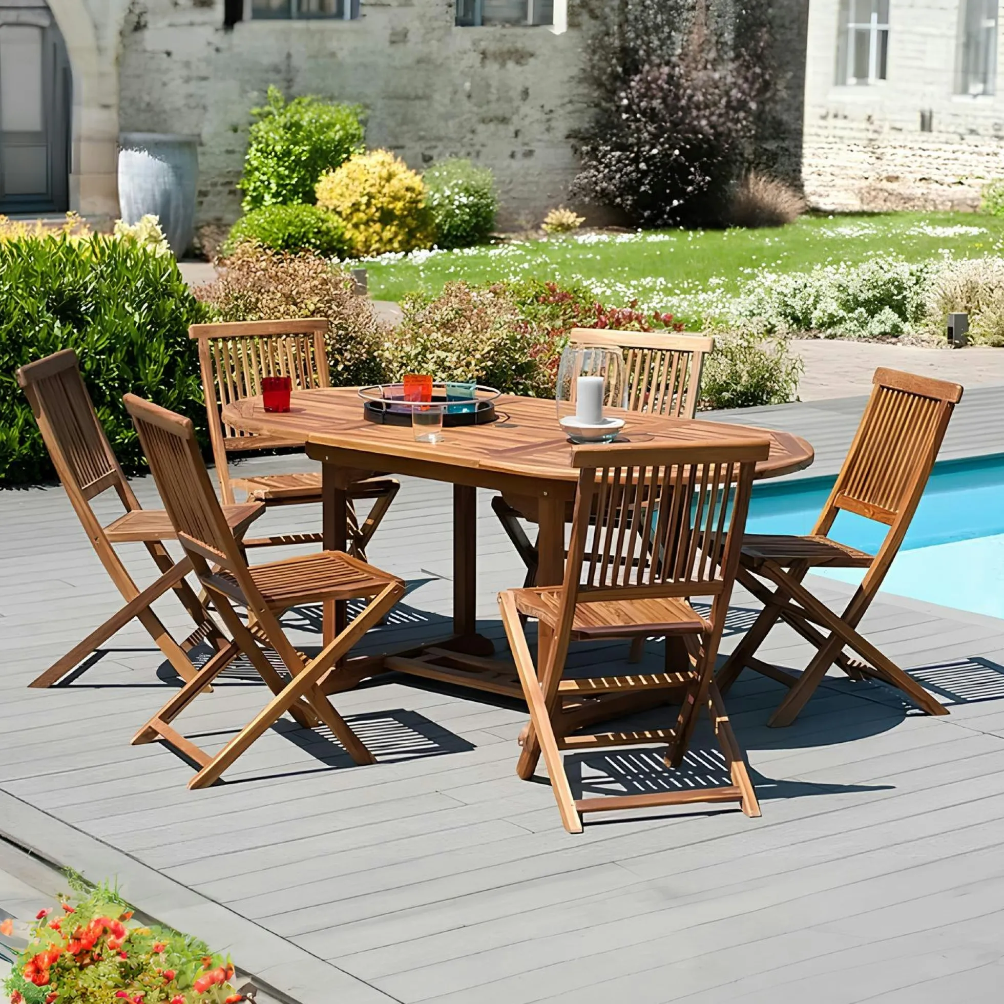 Table de jardin en teck huilé ovale extensible 120/180x90x75 MACAO
