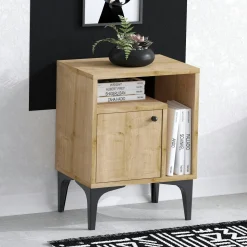 Table de nuit avec rangement effet chêne - 1 porte 1 niche JENA