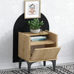 Table de nuit avec rangement effet chêne - pieds noirs JENA
