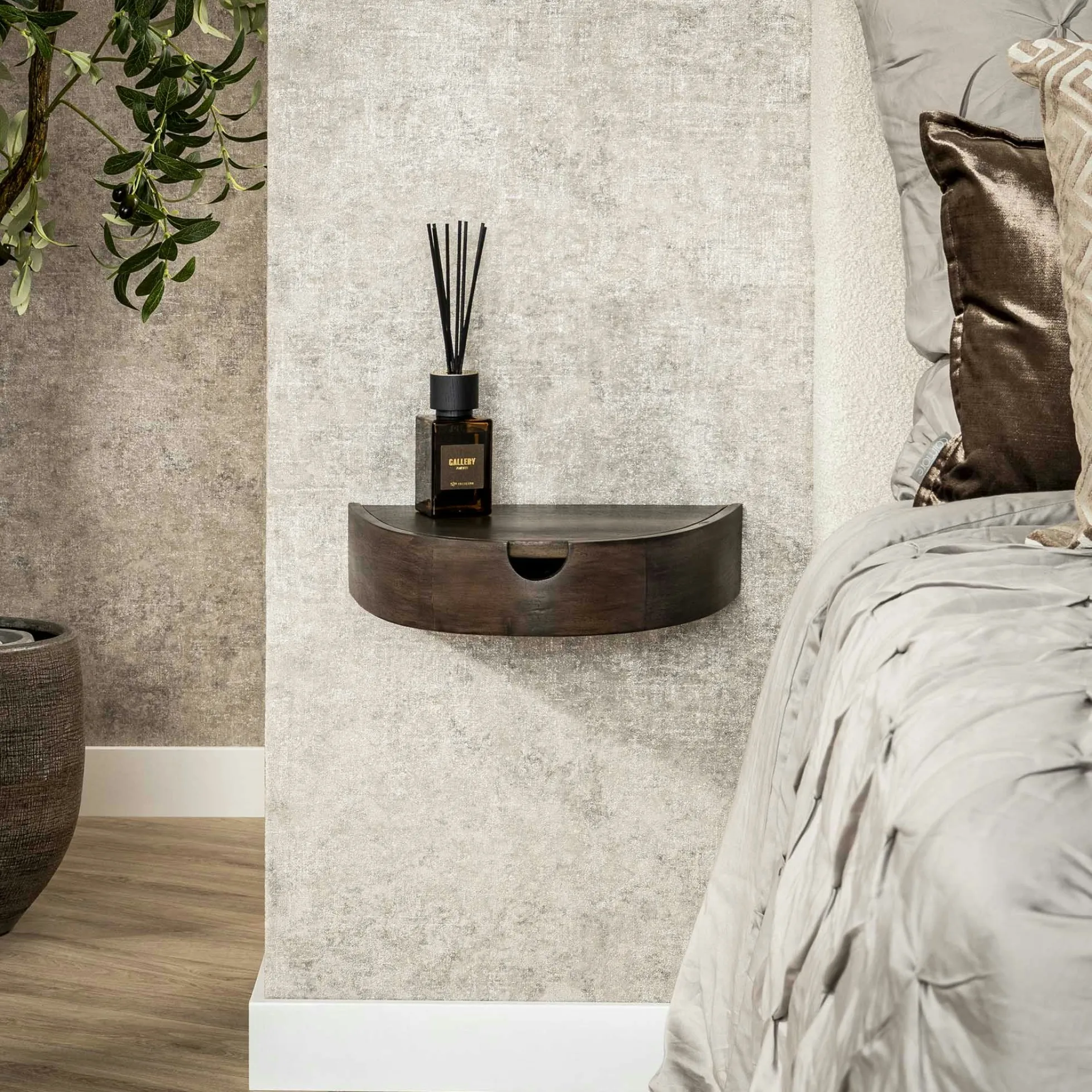 Table de nuit murale bois brun, tiroir demi-lune (x2) NAKO