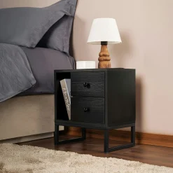 Table de nuit noire effet bois - 2 tiroirs, 1 niche JENA