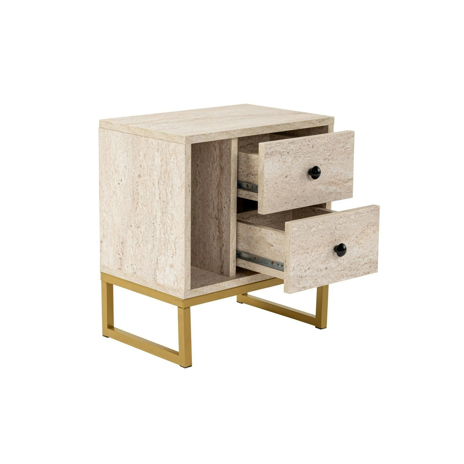 Table de nuit 2 tiroirs, 1 niche - effet travertin JENA