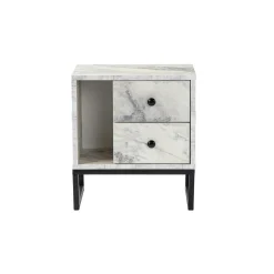 Table de nuit 2 tiroirs 1 niche, effet marbre blanc JENA