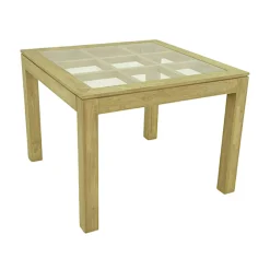 Table de repas carrée Hévéa avec plateau verre posé sur quadrillage bois 100x100x76cm HELENA